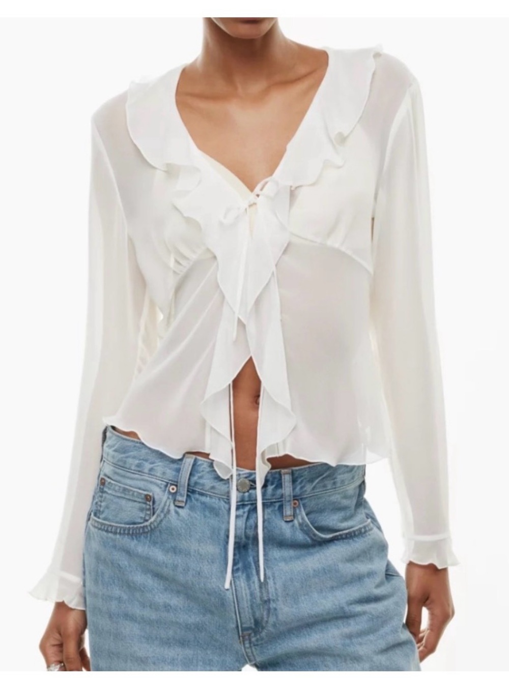NWT Wilfred Frenchy Sheer Ruffle-Front Long Sleeve Top in White